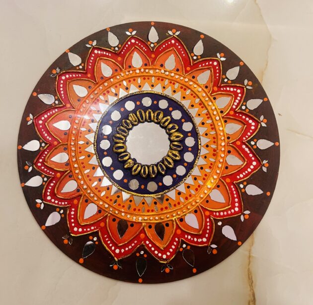 Earthly Radiance: Brown and Orange Lippon Art Adorned with Glass and Kundan